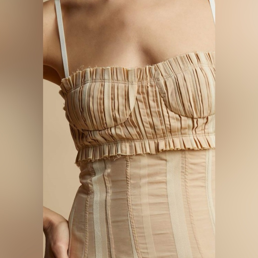 KHAITE Beige Bustier Square Top Striped Midi Dress